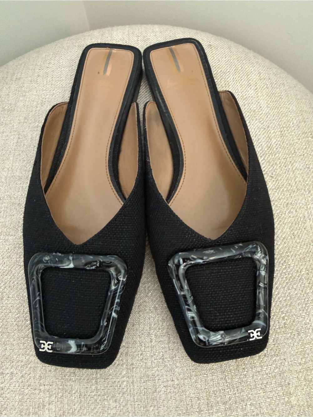 Sam Edelman Lavina Black Square-Toe Slip-On Mules with Marbled Buckle (8.5)